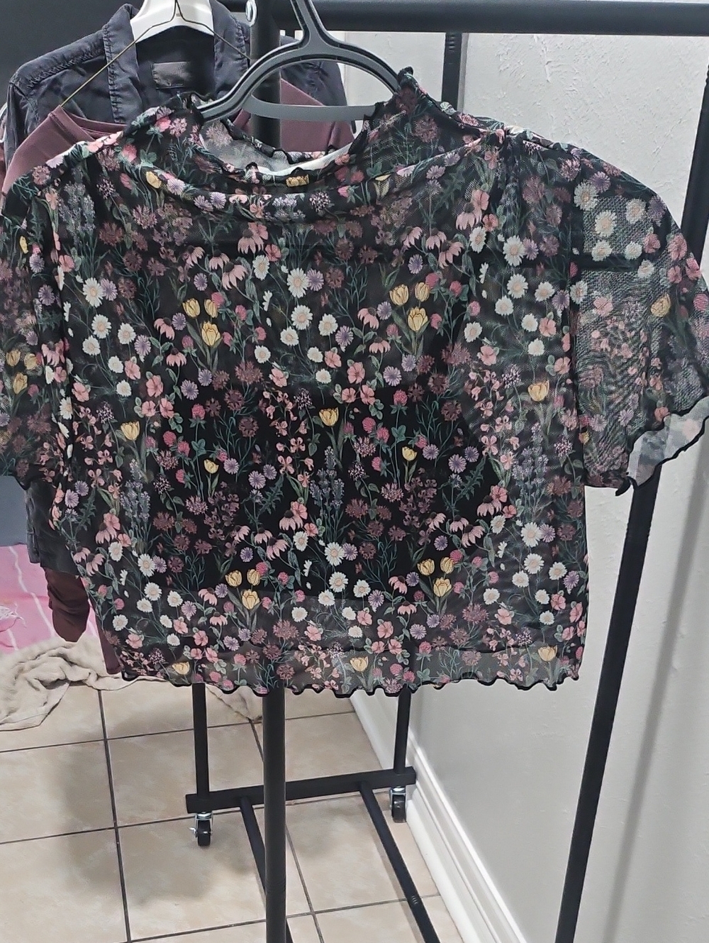 Cider Black Floral Mesh Crop Top with Pink, White & Yellow Flowers
